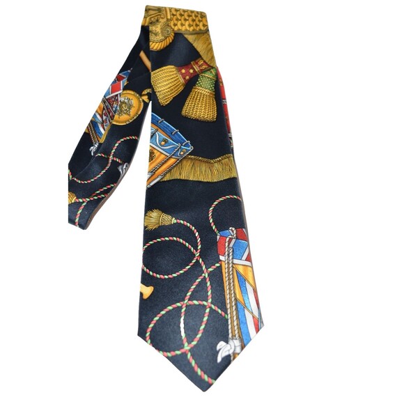 Vtg Hermes Les Tambours Black Gold drums tassels Tie 100% Silk Made in France - Picture 1 of 10